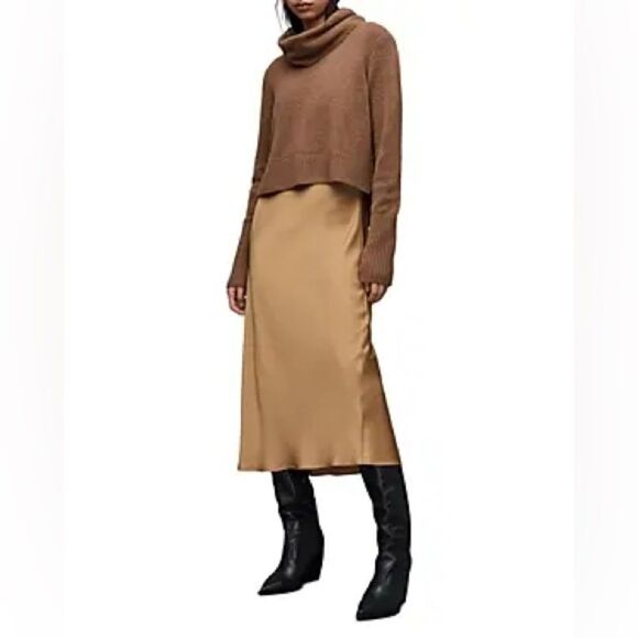 All Saints Dress Two in One Tierny Roll Neck Sweater Slip Midi Brown Camel Med - Picture 4 of 13